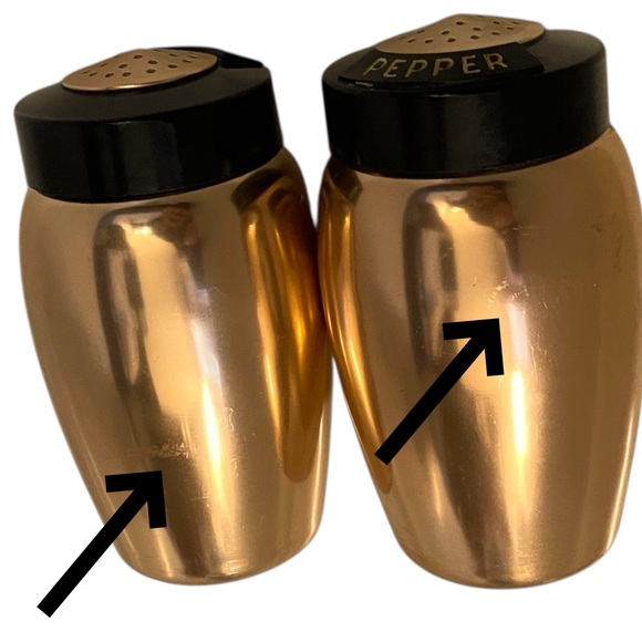Vintage Aluminum Copper Finish Salt & Pepper Shakers Black Lids Lettering NICE - Picture 10 of 11